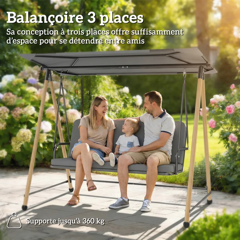 Balancelle de jardin 3 places 208 x 125 x 180 cm toit réglable coussins amovibles rustique contemporain en acier gris 21_0004536