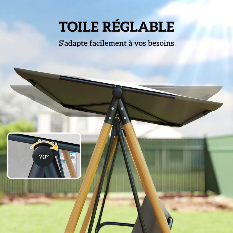 Balancelle de jardin 3 places 208 x 125 x 180 cm toit réglable coussins amovibles rustique contemporain en acier gris 21_0004536