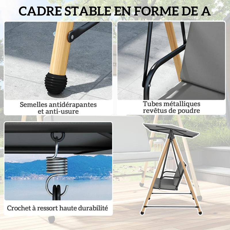 Balancelle de jardin 3 places 208 x 125 x 180 cm toit réglable coussins amovibles rustique contemporain en acier gris 21_0004536