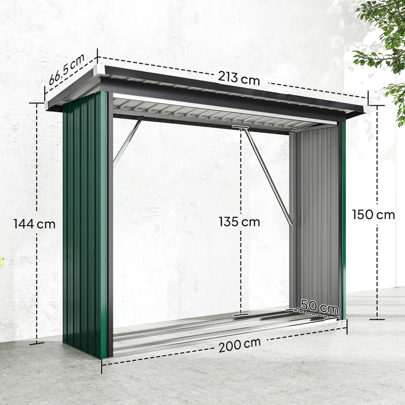 Abri-bûches pour bois 213 x 66,5 x 150 cm plancher surélevé toit incliné rustique compact jardin en acier galvanisé vert 21_0005581