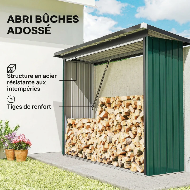 Abri-bûches pour bois 213 x 66,5 x 150 cm plancher surélevé toit incliné rustique compact jardin en acier galvanisé vert 21_0005581