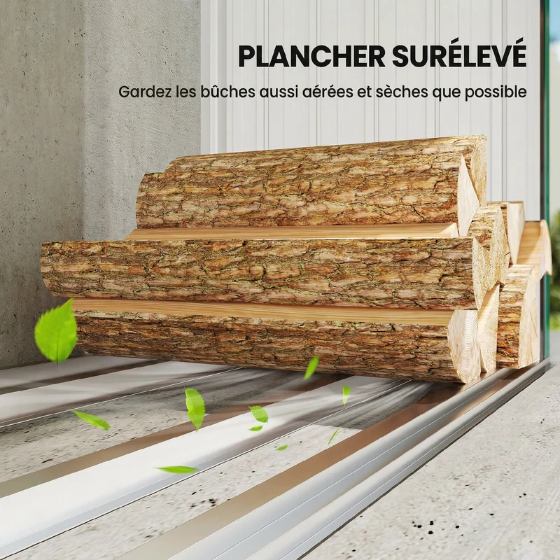 Abri-bûches pour bois 213 x 66,5 x 150 cm plancher surélevé toit incliné rustique compact jardin en acier galvanisé vert 21_0005581