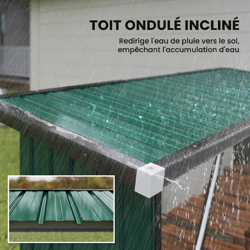 Abri-bûches pour bois 213 x 66,5 x 150 cm plancher surélevé toit incliné rustique compact jardin en acier galvanisé vert 21_0005581