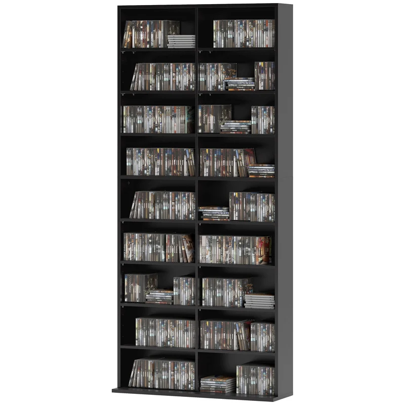Étagère cd dvd 78 x 24 x 175 cm grande capacité anti basculement style moderne pour salon en panneau de particules noir 21_0002508