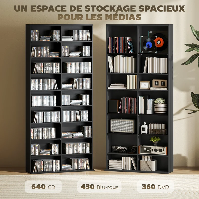 Étagère cd dvd 78 x 24 x 175 cm grande capacité anti basculement style moderne pour salon en panneau de particules noir 21_0002508