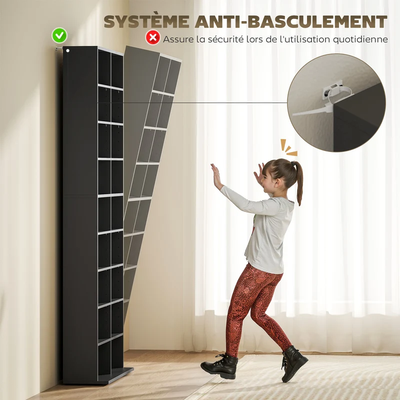 Étagère cd dvd 78 x 24 x 175 cm grande capacité anti basculement style moderne pour salon en panneau de particules noir 21_0002508