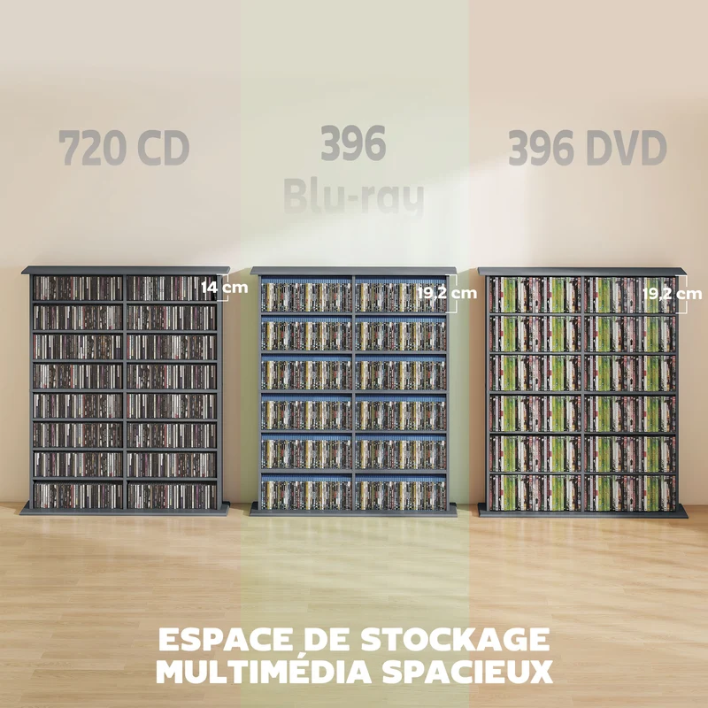 Étagère cd dvd 106.5 x 24 x 126.3 cm grande capacité étagères ajustables moderne épuré en panneau de particules gris 21_0002514
