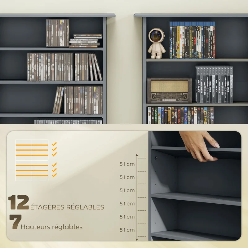 Étagère cd dvd 106.5 x 24 x 126.3 cm grande capacité étagères ajustables moderne épuré en panneau de particules gris 21_0002514