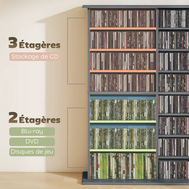 Étagère cd dvd 106.5 x 24 x 126.3 cm grande capacité étagères ajustables moderne épuré en panneau de particules gris 21_0002514