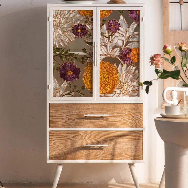 Traditional French Pine & MDF Rectangular Storage Cabinet With Enamel Glass Doors, 2 Drawers & 2 Compartments For Bedroom & Living Room