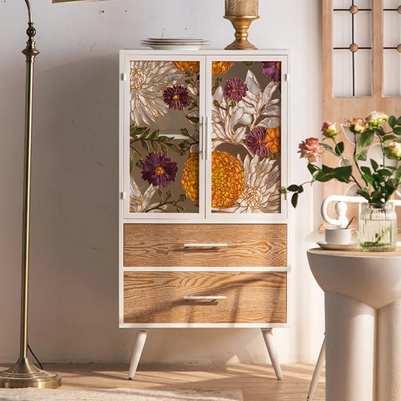 Traditional French Pine & MDF Rectangular Storage Cabinet With Enamel Glass Doors, 2 Drawers & 2 Compartments For Bedroom & Living Room