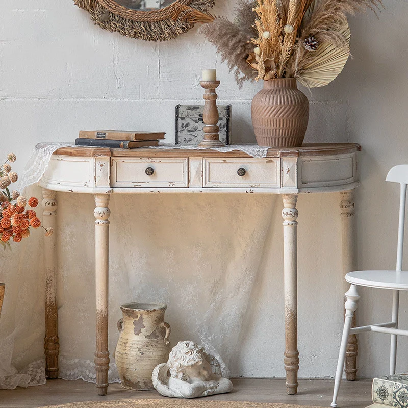 Traditional Vintage Fir Wood Rectangular Entryway Table With 2-Drawer Storage For Foyer, Living Room & Bedroom