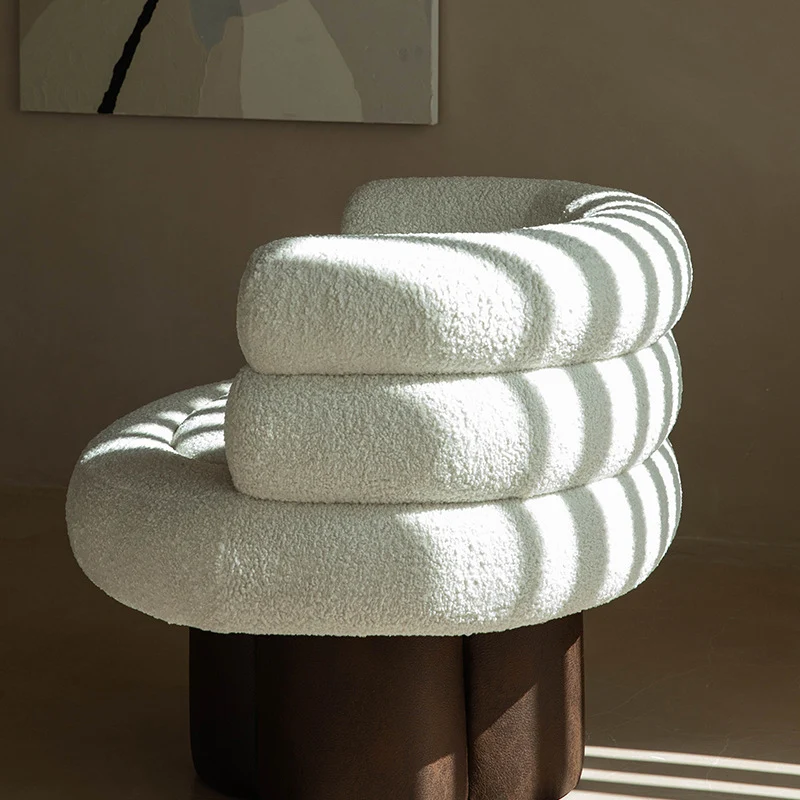 Contemporary Scandinavian Sherpa Fabric Wood Curved Cylindrical Accent Chair With Armrests & Backrest For Living Room