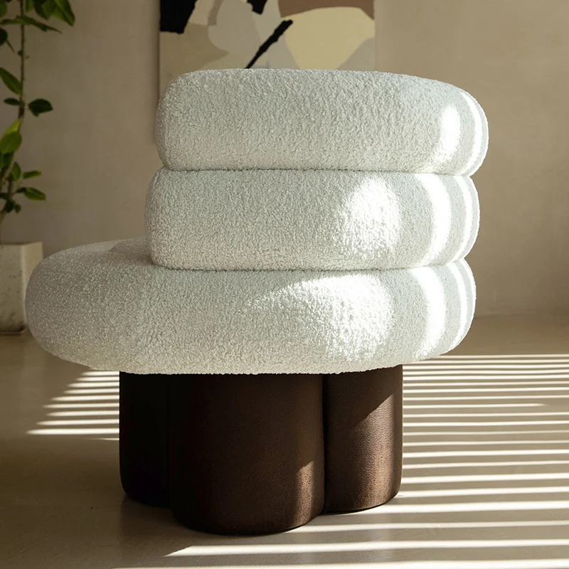 Contemporary Scandinavian Sherpa Fabric Wood Curved Cylindrical Accent Chair With Armrests & Backrest For Living Room