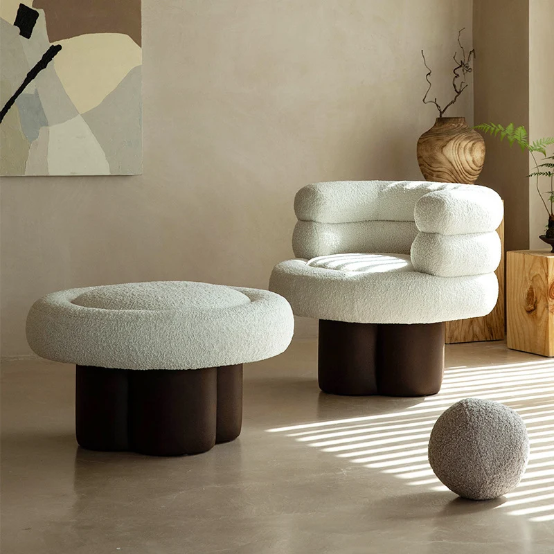 Contemporary Scandinavian Sherpa Fabric Wood Curved Cylindrical Accent Chair With Armrests & Backrest For Living Room