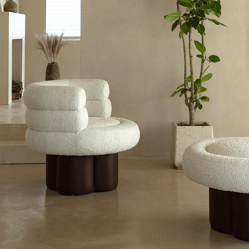 Contemporary Scandinavian Sherpa Fabric Wood Curved Cylindrical Accent Chair With Armrests & Backrest For Living Room