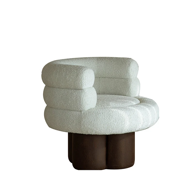 Contemporary Scandinavian Sherpa Fabric Wood Curved Cylindrical Accent Chair With Armrests & Backrest For Living Room