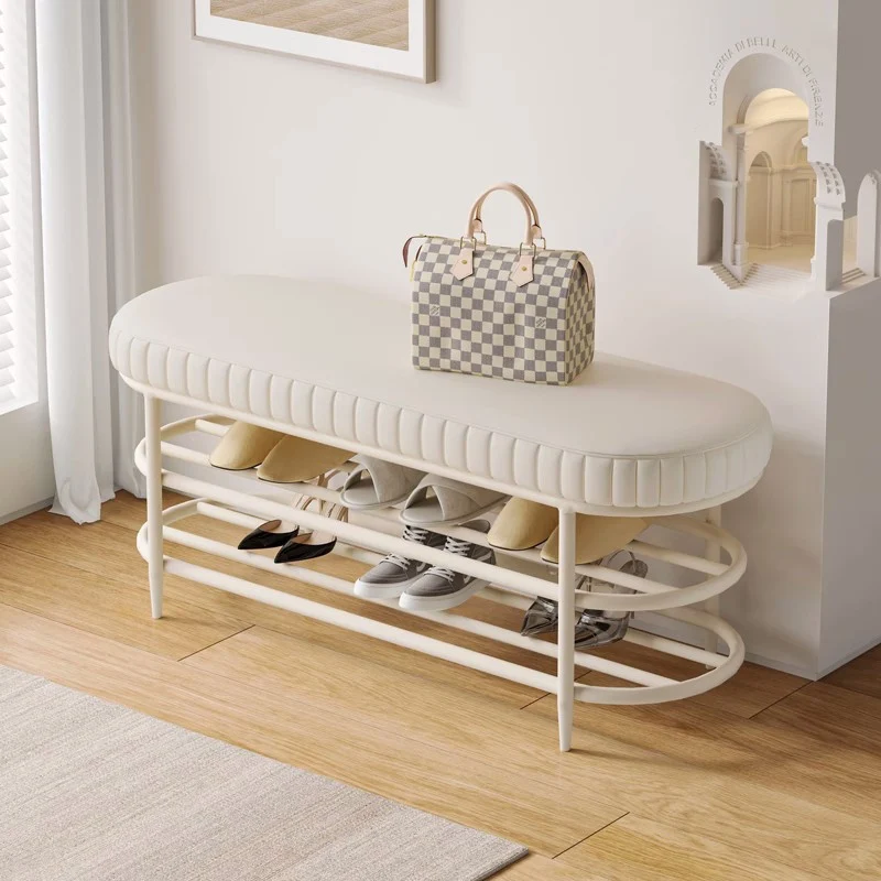 Contemporary Nordic Ellipse Velvet Iron Shoe Bench 2-Tier For Living Room