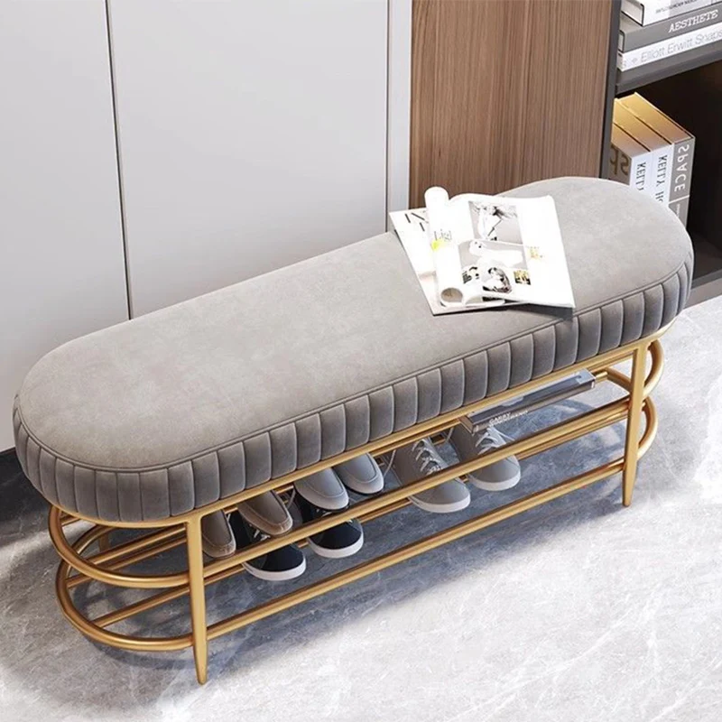 Contemporary Nordic Ellipse Velvet Iron Shoe Bench 2-Tier For Living Room