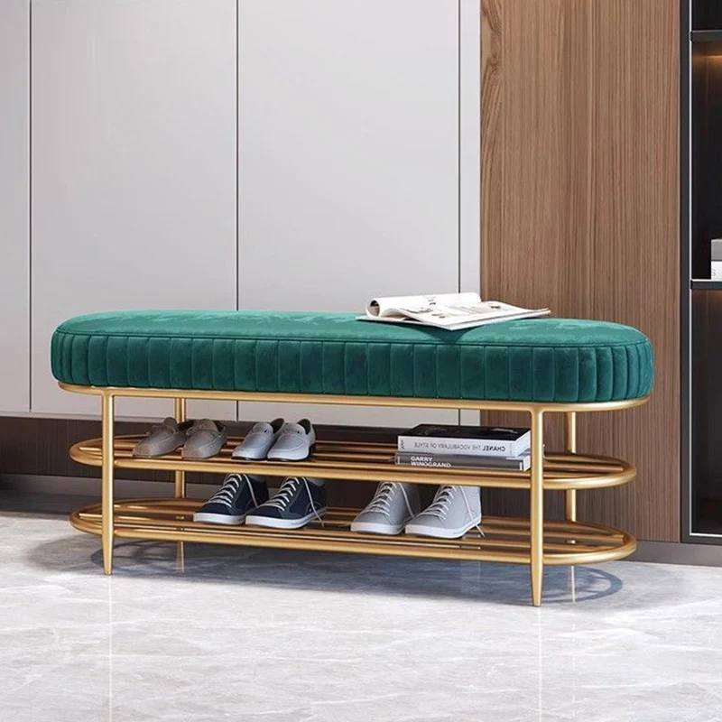 Contemporary Nordic Ellipse Velvet Iron Shoe Bench 2-Tier For Living Room