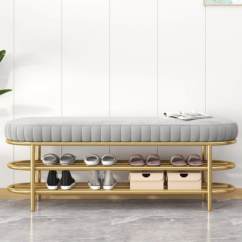 Contemporary Nordic Ellipse Velvet Iron Shoe Bench 2-Tier For Living Room