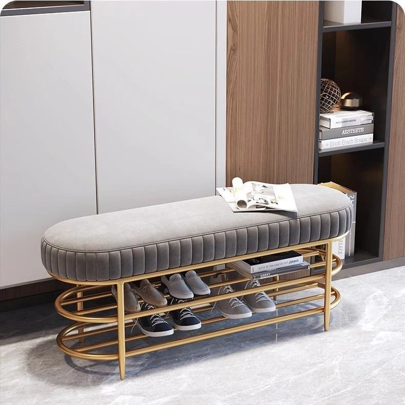 Contemporary Nordic Ellipse Velvet Iron Shoe Bench 2-Tier For Living Room