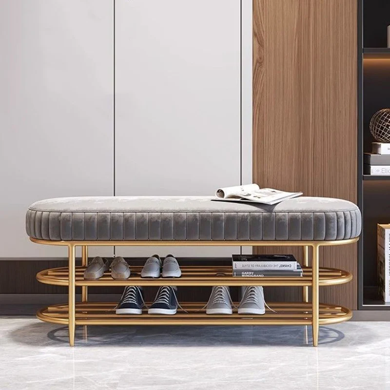 Contemporary Nordic Ellipse Velvet Iron Shoe Bench 2-Tier For Living Room