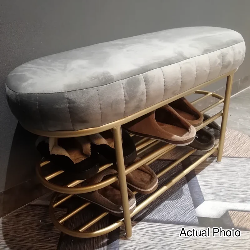 Contemporary Nordic Ellipse Velvet Iron Shoe Bench 2-Tier For Living Room