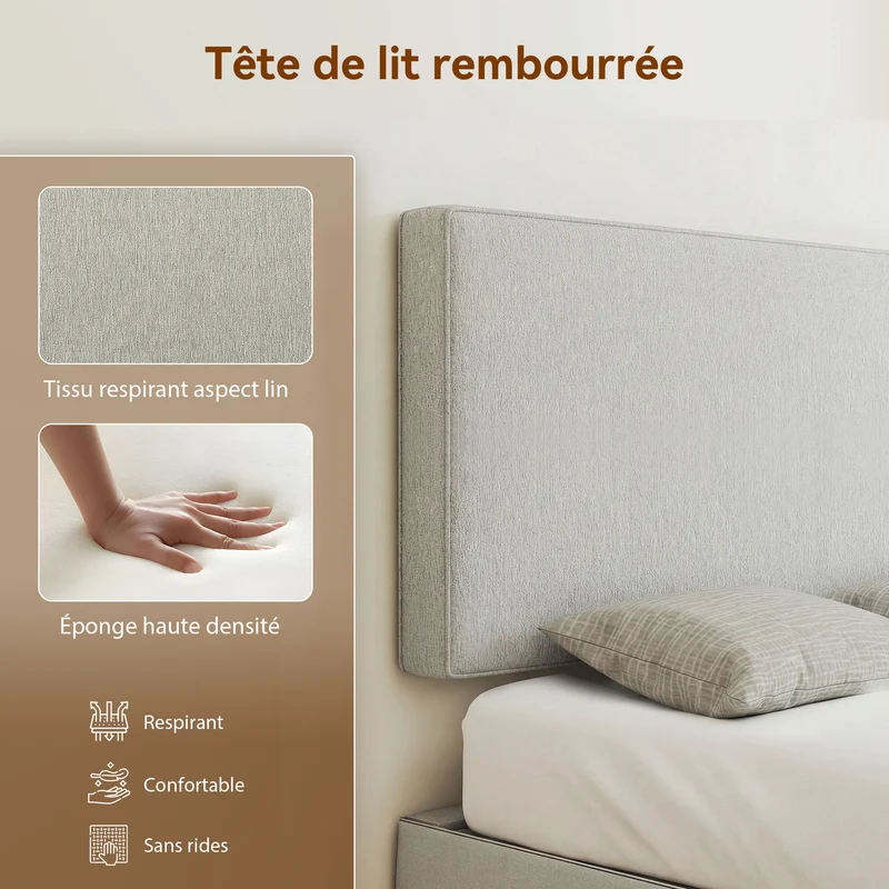 Tête de lit murale 140 x 10 x 60 cm soutien dorsal rembourré confort lecture design épuré effet flottant en tissu crème 21_0003777