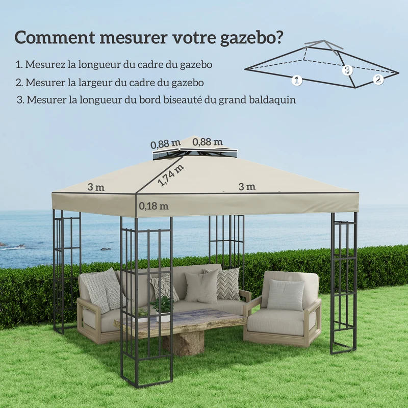Toile pour tonnelle 300 x 300 cm protection upf30 drainage rapide toit double design contemporain en polyester crème 21_0004879