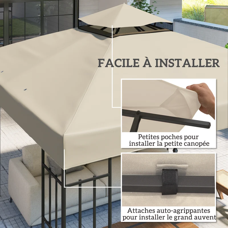 Toile pour tonnelle 300 x 300 cm protection upf30 drainage rapide toit double design contemporain en polyester crème 21_0004879