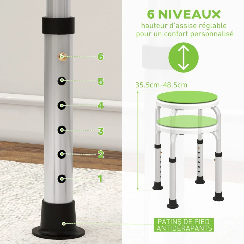 Tabouret de douche siège de baignoire 33 x 33 x 36-49 cm hauteur réglable siège pivotant 360° moderne en aluminium vert 21_0000875