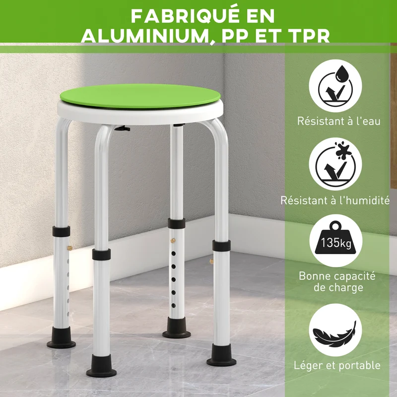 Tabouret de douche siège de baignoire 33 x 33 x 36-49 cm hauteur réglable siège pivotant 360° moderne en aluminium vert 21_0000875