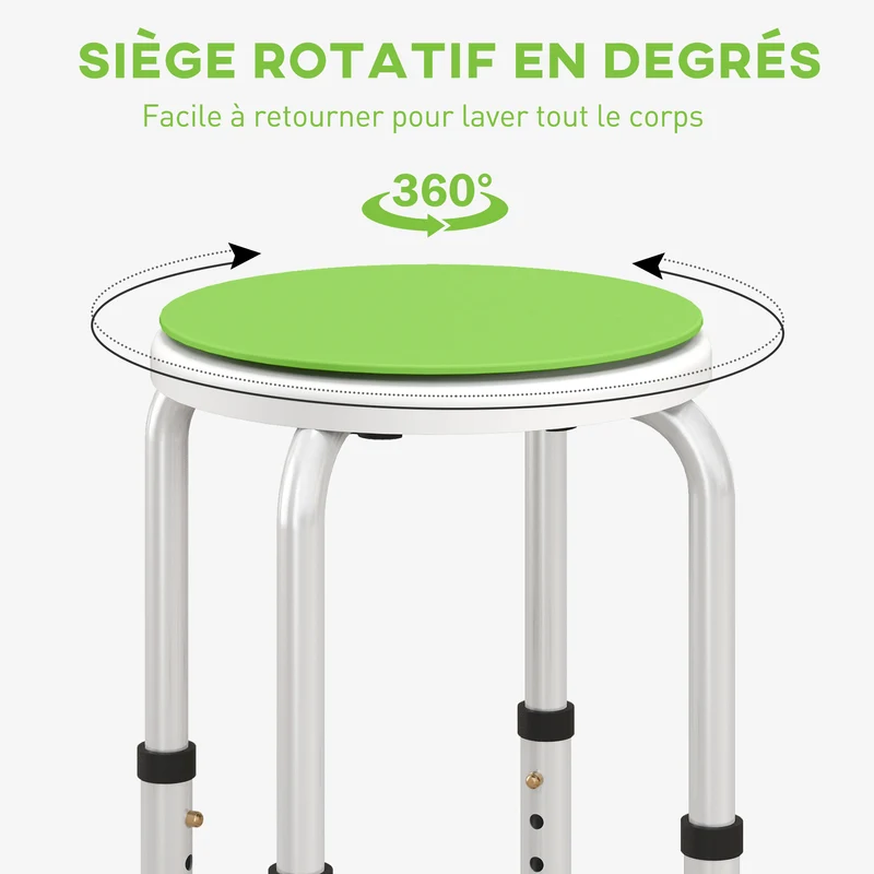Tabouret de douche siège de baignoire 33 x 33 x 36-49 cm hauteur réglable siège pivotant 360° moderne en aluminium vert 21_0000875
