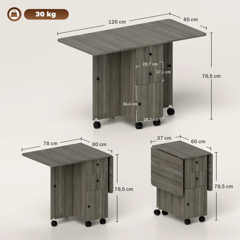 Table pliante 120 x 60 x 76,5 cm 2 plateaux tiroirs placard roulettes compact design en panneau de particules gris foncé 21_0002279