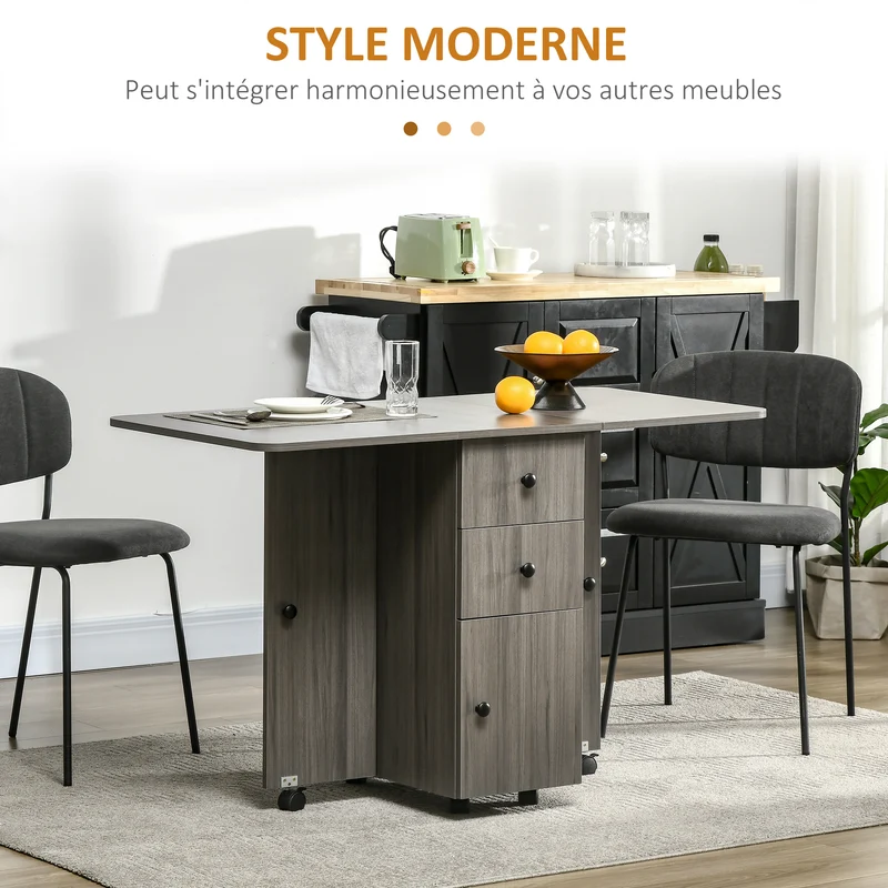 Table pliante 120 x 60 x 76,5 cm 2 plateaux tiroirs placard roulettes compact design en panneau de particules gris foncé 21_0002279