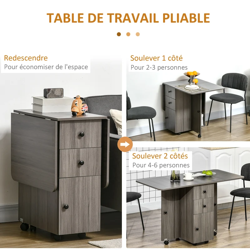 Table pliante 120 x 60 x 76,5 cm 2 plateaux tiroirs placard roulettes compact design en panneau de particules gris foncé 21_0002279