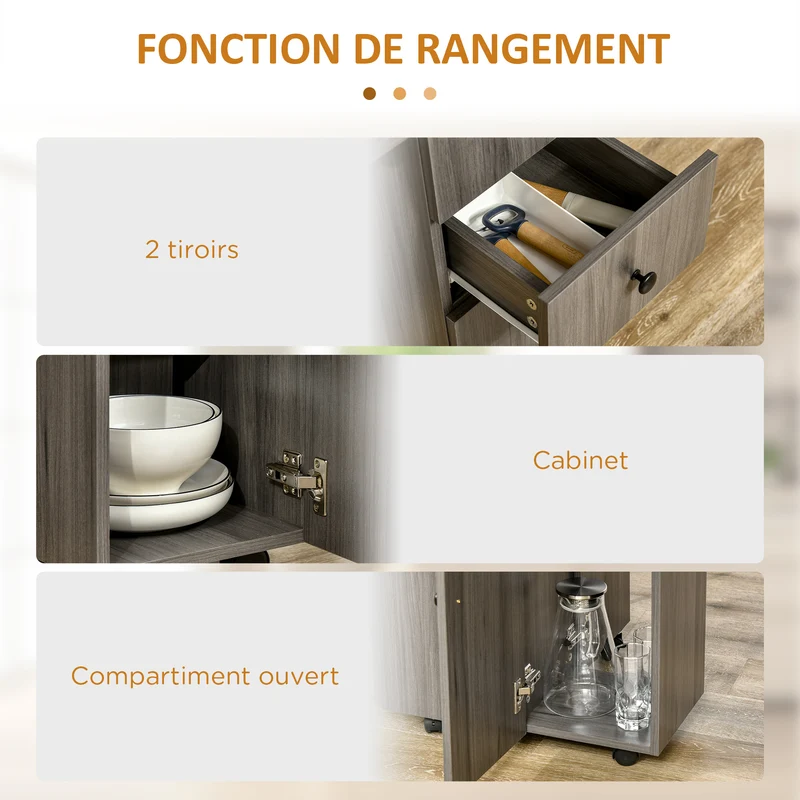 Table pliante 120 x 60 x 76,5 cm 2 plateaux tiroirs placard roulettes compact design en panneau de particules gris foncé 21_0002279