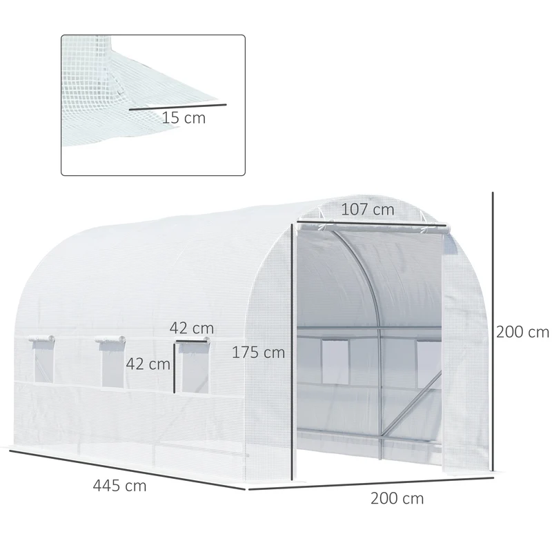 Serre tunnel de jardin 445 x 200 x 200 cm ventilation réglable six fenêtres porte zippée moderne en polyéthylène blanc 21_0004059