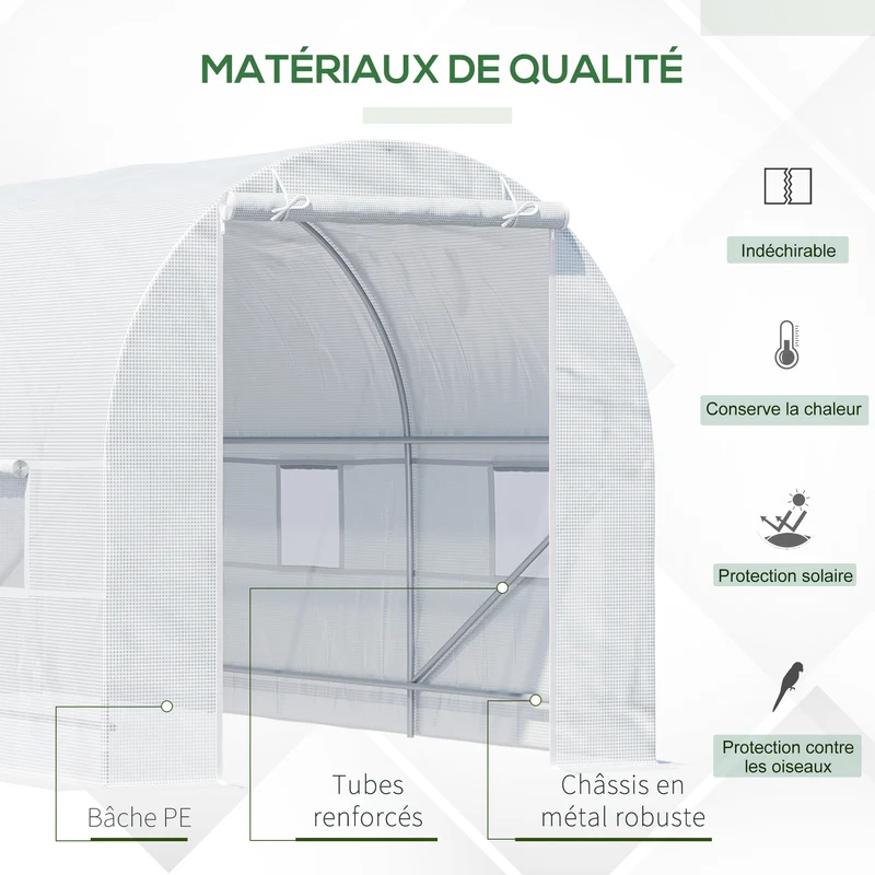 Serre tunnel de jardin 445 x 200 x 200 cm ventilation réglable six fenêtres porte zippée moderne en polyéthylène blanc 21_0004059