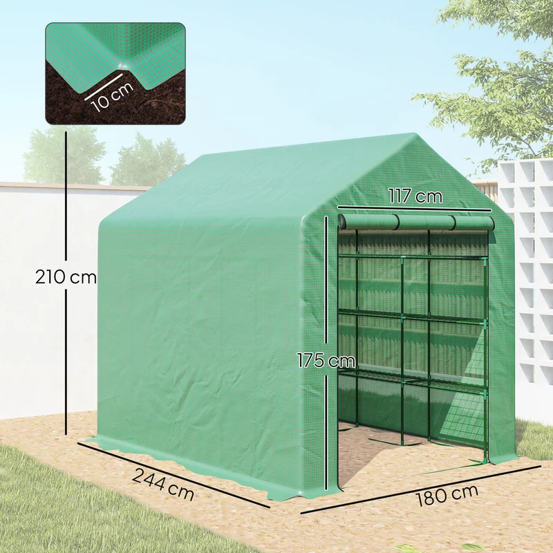 Serre de jardin tunnel 244 x 180 x 210 cm 4 niveaux d'étagères et ventilation frontale contemporain épuré en acier vert 21_0004269
