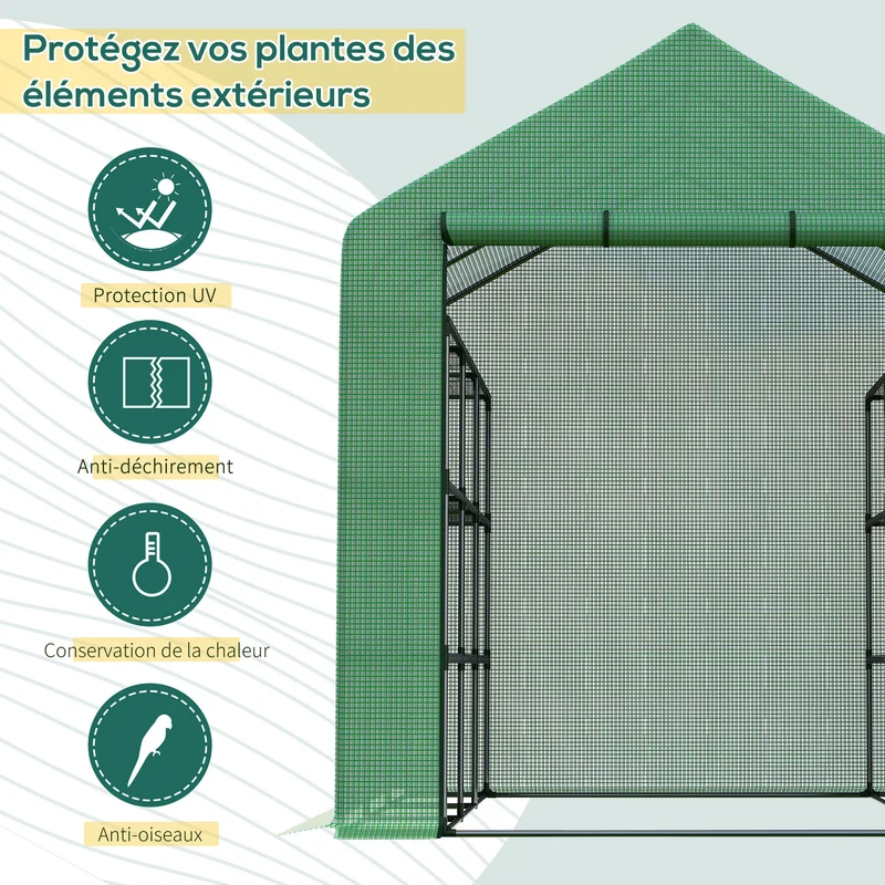 Serre de jardin tunnel 244 x 180 x 210 cm 4 niveaux d'étagères et ventilation frontale contemporain épuré en acier vert 21_0004269