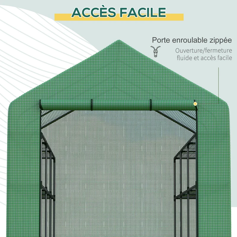 Serre de jardin tunnel 244 x 180 x 210 cm 4 niveaux d'étagères et ventilation frontale contemporain épuré en acier vert 21_0004269