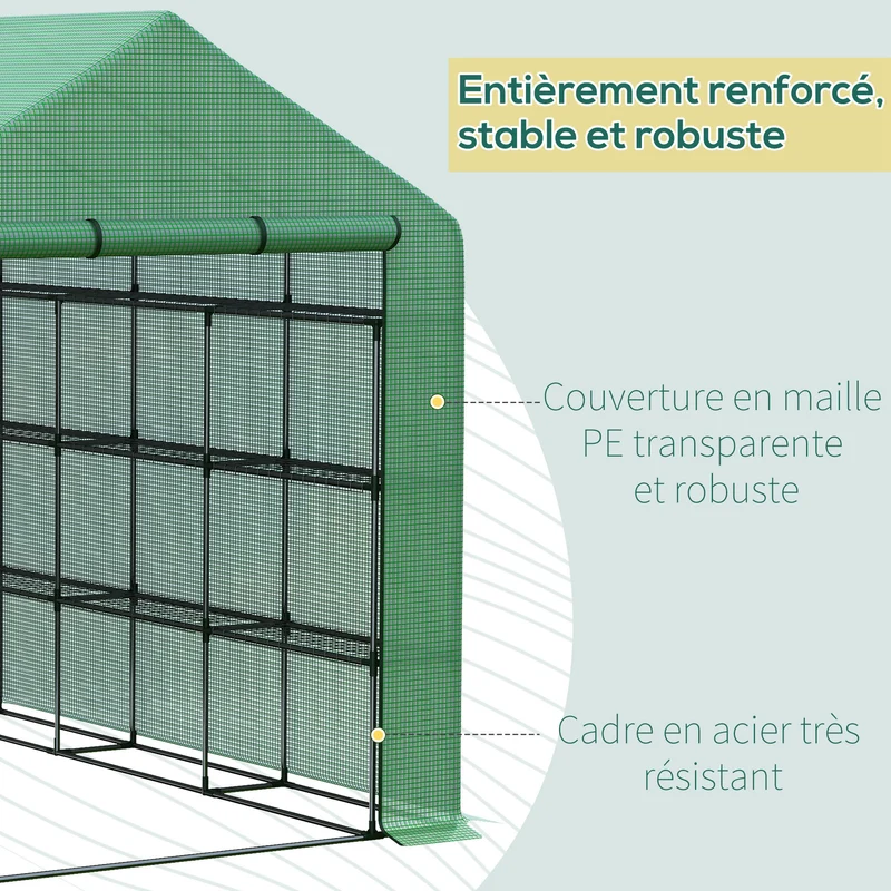 Serre de jardin tunnel 244 x 180 x 210 cm 4 niveaux d'étagères et ventilation frontale contemporain épuré en acier vert 21_0004269
