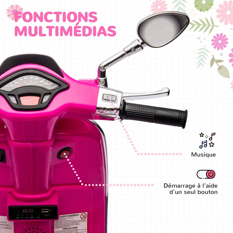 Scooter électrique enfant 107 x 47 x 73 cm phare et musique stabilité 2 roues style vintage design rétro en PP rose 21_0000572