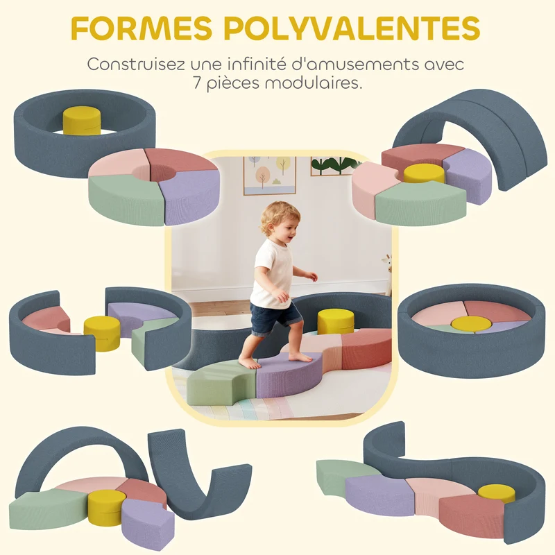 Parcours motricité bébé 7 pièces modulable 107 x 107 x 30 cm housse lavable mousse 28D épuré en velours côtelé rose 21_0000732