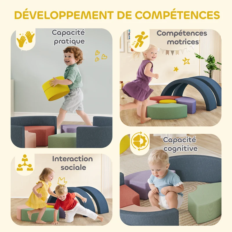 Parcours motricité bébé 7 pièces modulable 107 x 107 x 30 cm housse lavable mousse 28D épuré en velours côtelé rose 21_0000732