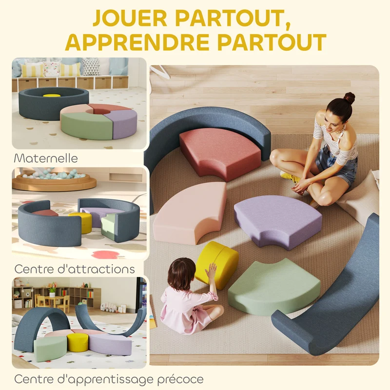 Parcours motricité bébé 7 pièces modulable 107 x 107 x 30 cm housse lavable mousse 28D épuré en velours côtelé rose 21_0000732