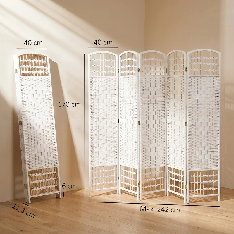 Paravent séparateur de pièce pliable 6 panneaux 242 x 170 cm intimité et aération scandinave minimaliste en bois blanc 21_0001224