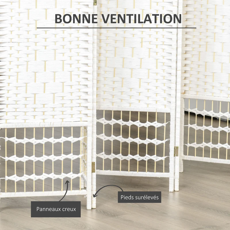 Paravent séparateur de pièce pliable 6 panneaux 242 x 170 cm intimité et aération scandinave minimaliste en bois blanc 21_0001224